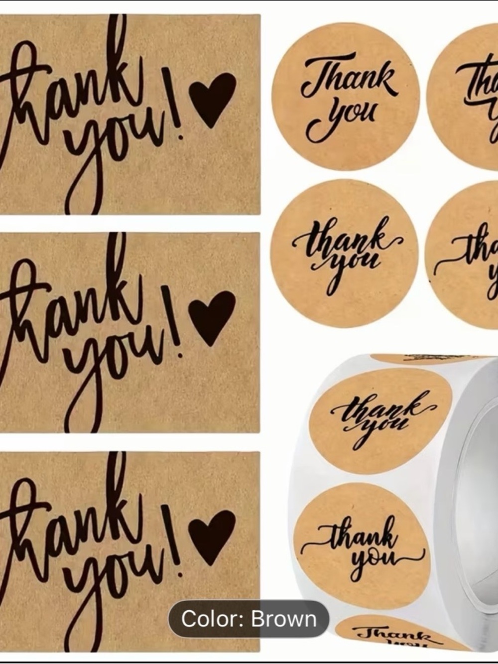 550pcs. Kraft 'Thank You' Sticker Labels and Thank You Cards- Brown
